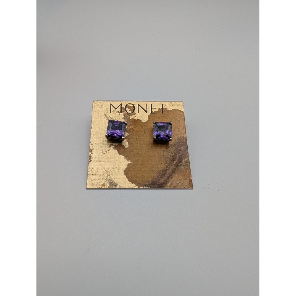 Monet Purple CZ Square Stud Earrings Silver Tone Newβ Old Stock Amethyst Color